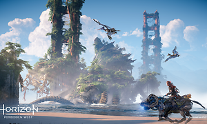 Kuvakaappaus pelistä Horizon Forbidden West, jossa viidakon peittämä Golden Gate -silta
