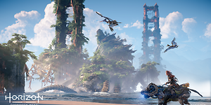 Kuvakaappaus pelistä Horizon Forbidden West, jossa viidakon peittämä Golden Gate -silta