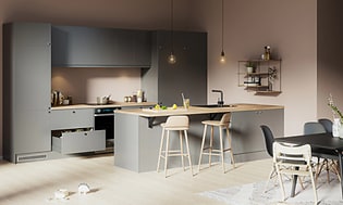 Epoq Trend Warm Grey harmaa keittiö integroidulla uunilla, puukuvioisella työtasolla ja tiskialtaalla