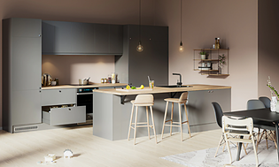 Epoq Trend Warm Grey harmaa keittiö integroidulla uunilla, puukuvioisella työtasolla ja tiskialtaalla