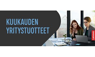 Mainoskuva, jossa kaksi naista työskentelee toimistossa ja teksti Kuukauden yritystuotteet