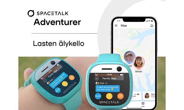 Sininen Spacetalk-kello sekä puhelin, jossa sovellus 