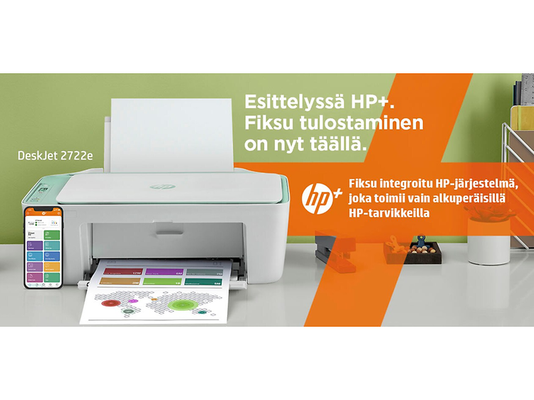 HP DeskJet_2722e banneri jossa suomenkielinen teksti ja HP-logo
