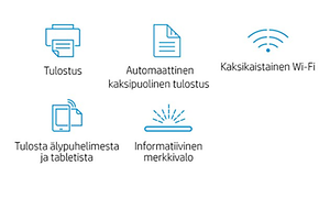 HP LaserJet M209dwe ikoneja ja suomenkieliset tekstit niiden alla