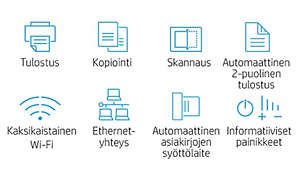 HP LaserJet MFP ikoneja joiden alla tekstiä