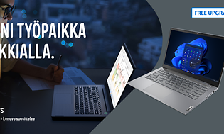 Lenovo banneri jossa teksti "Moderni työpaikka on kaikkialla"