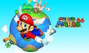 Super Mario 64 ja animoitu Super Mario hahmo, joka lentää taivaalla maapallon yllä
