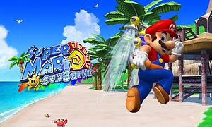 Super Mario Sunshine ja animoitu Super Mario, joka juoksee trooppisella rannalla