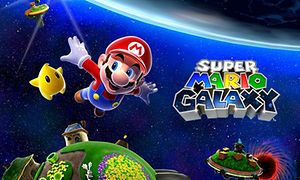 Super Mario Galaxy ja animoitu Super Mario, joka lentää avaruudessa kahden planeetan välissä