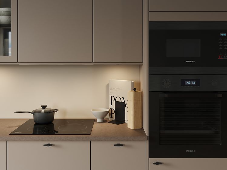 Epoq kicthen in sand with two black integrated ovens
