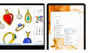 Galaxy Book2 ja Galaxy Tab S8 vierekkäin valkoisella taustalla