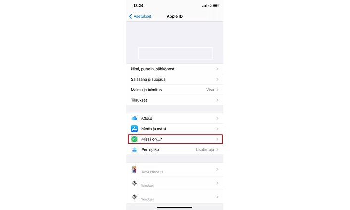 iPhonen näyttö, josta Missä on...? -kohta on korostettu punaisella reunalla.