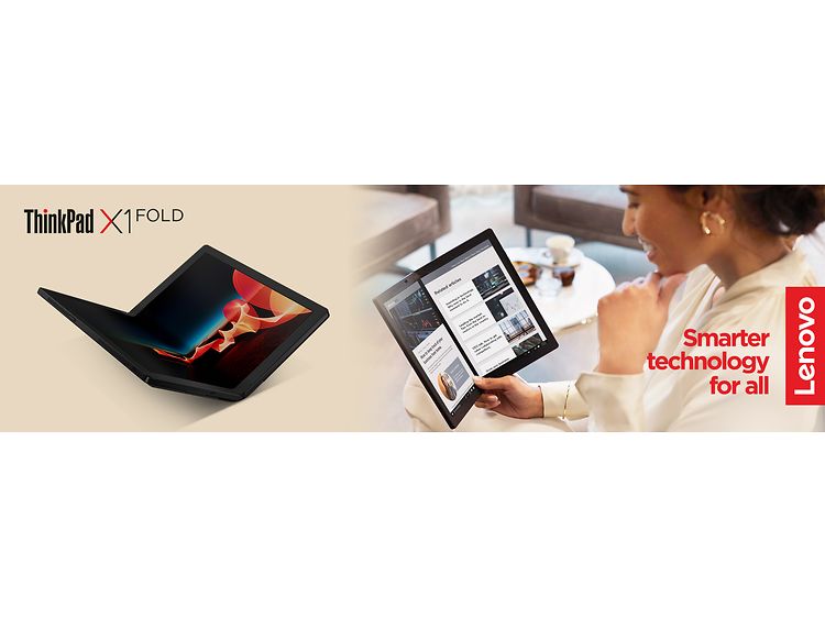 Lenovo ThinkPad X1 Fold mainoskuva ja englanninkielinen teksti Smarter technology for all