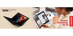 Lenovo ThinkPad X1 Fold mainoskuva ja englanninkielinen teksti Smarter technology for all