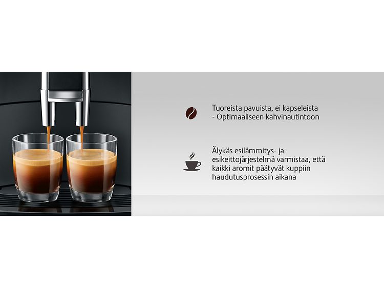 JURA-kahvikone valmistaa juomaa kahteen kahvilasiin, sekä tietoa koneen eri ominaisuuksista