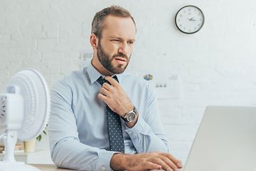 Mies löysentää kravattiaan kuumassa toimistossa, vieressä pöytätuuletin