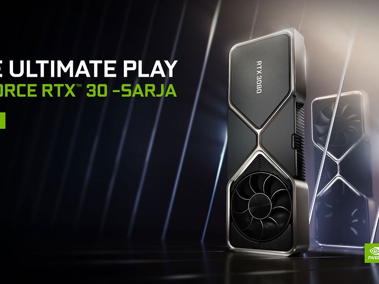 RTX 30-sarjan komponentti ja teksti The ultimate play Geforce RTX 30 -sarja