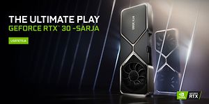 RTX 30-sarjan komponentti ja teksti The ultimate play Geforce RTX 30 -sarja