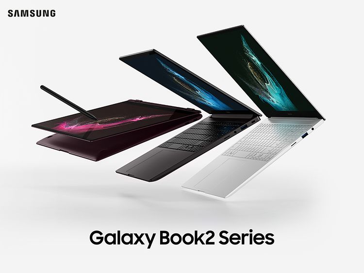 Samsung Galaxy Book2 Series -tuotesarjan mainoskuva, jossa kolme Galaxy Book2 -kannettavaa