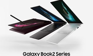 Samsung Galaxy Book2 Series -tuotesarjan mainoskuva, jossa kolme Galaxy Book2 -kannettavaa