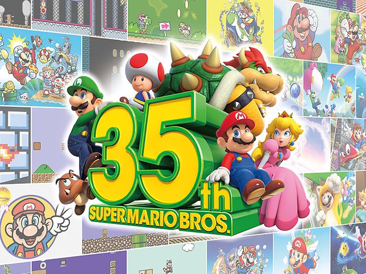 Super Mario Bros 35. juhlavuoden mainoskuva, jossa Super Mario -peleistä tunnettuja hahmoja