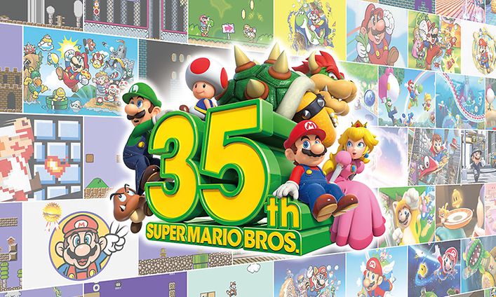 Super Mario Bros 35. juhlavuoden mainoskuva, jossa Super Mario -peleistä tunnettuja hahmoja 
