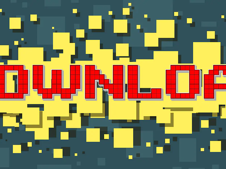 Punainen Download-teksti sinikeltakuvioisella taustalla