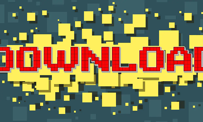 Punainen Download-teksti sinikeltakuvioisella taustalla