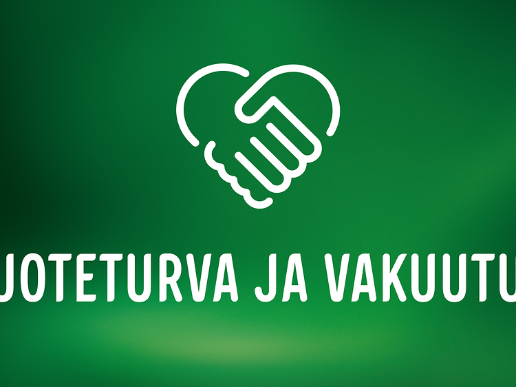 Vihreä banneri, jossa symboli ja teksti; Tuoteturva ja vakuutus