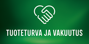 Vihreä banneri, jossa symboli ja teksti, Tuoteturva ja vakuutus