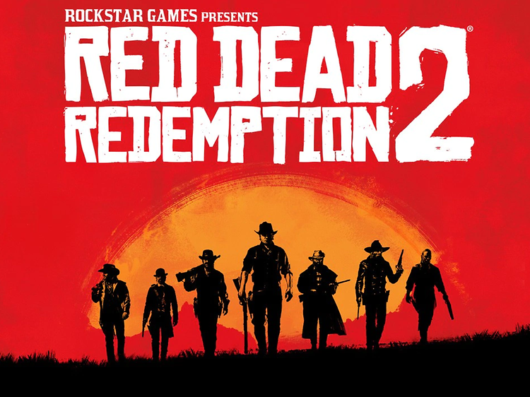 Red dead redemption -banneri logolla and asemiehet horisontissa