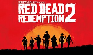 Red dead redemption -banneri logolla and asemiehet horisontissa