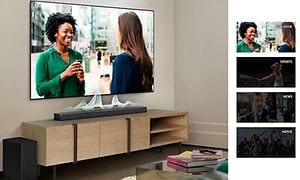 Samsung TV ja soundbar sekä kuvituskuva eri tiloista