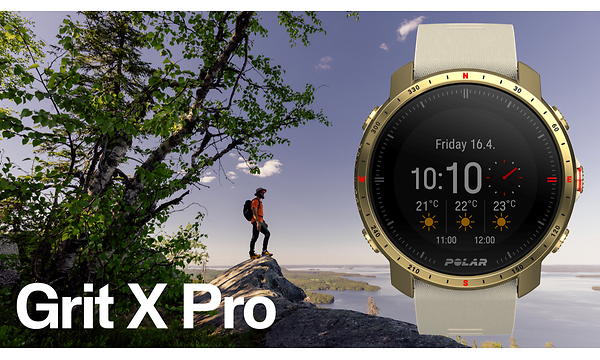 Polar Grit X Pro -urheilukello vaelluksellla olevan ihmisen kädessä