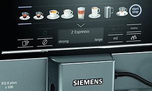 Siemens coffee machine EQ. 6 Plus S100 -kahvikoneen coffeeSelect-näyttö, jossa näkyy erilaisia kahvijuomia