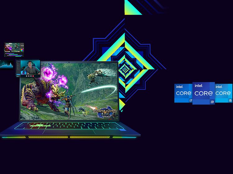 Intel-pelikannettava ja kolme erilaista Intel Core-logoa