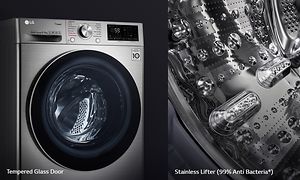 LG-pyykinpesukone ja lähikuva pyykinpesukoneen rummusta