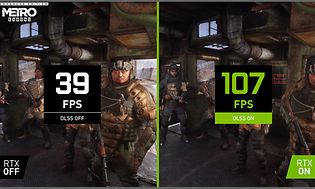 Vertailukuva kahdesta näytöstä, toisessa NVIDIA DLSS sekä toisessa näytössä ilman NVIDIA DLSS:ää