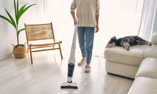 Nainen imuroi olohuonetta varsi-imurilla ja koira makoilee sohvalla