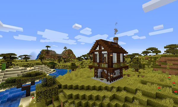 Kuvakaappaus Minecraft-pelistä, jossa pieni mökki luonnon keskellä