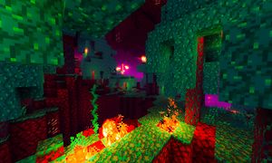 Kuvakaappaus Minecraft-pelistä, jossa metsä Netherissä