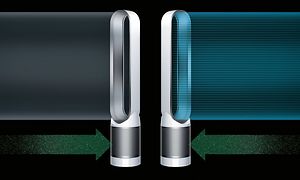 Kuvituskuva Dyson Pure Cool Tower PP00 -ilmanpuhdistimista, jotka lähettävät kahta erilaista ilmaa