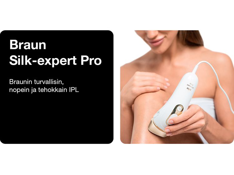Nainen käyttää Braun Silk-expert Pro IPL -valoimpulssilaitetta. Braunin turvallisin, nopein ja tehokkain IPL.