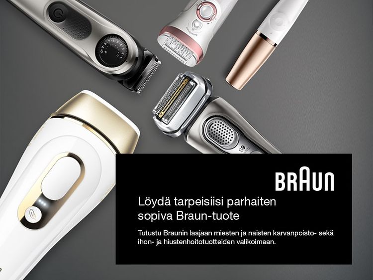 Braun-banneri, jossa Braun-parranajokone, IPL-valoimpulssilaite, trimmeri ja epilaattori harmaalla taustalla