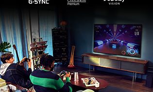 Kaksi nuorta pelaamassa LG OLED -televisiolla