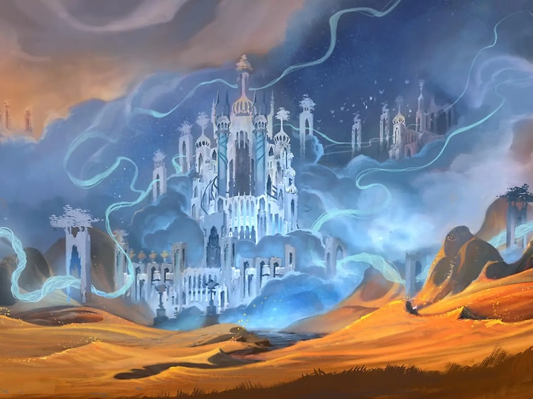 Kuvakaappaus pelin World of Warcraft Shadowlands-lisäosasta, jossa linnan äärirajat erämaan reunalla