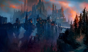 Kuvakaappaus pelin World of Warcraft Shadowlands-lisäosasta, jossa synkkä linnake vuoren rinteessä