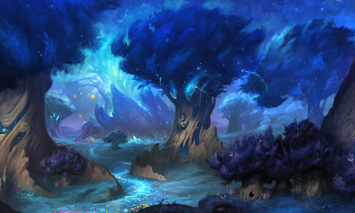 Kuvakaappaus pelin World of Warcraft Shadowlands-lisäosasta, jossa taianomaisia puita metsässä