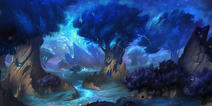 Kuvakaappaus pelin World of Warcraft Shadowlands-lisäosasta, jossa taianomaisia puita metsässä