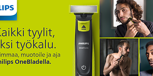 Erilaisia kuvia miehistä trimmaamassa ja partaa ajamassa Philips OneBladen avulla